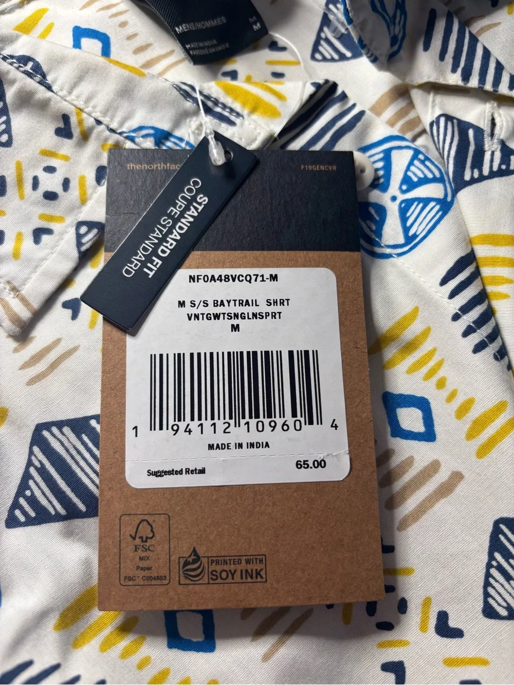 North Face Men’s Baytrail Camp Shirt Short-Sleeve Button-Up, Blue/Yellow Print M